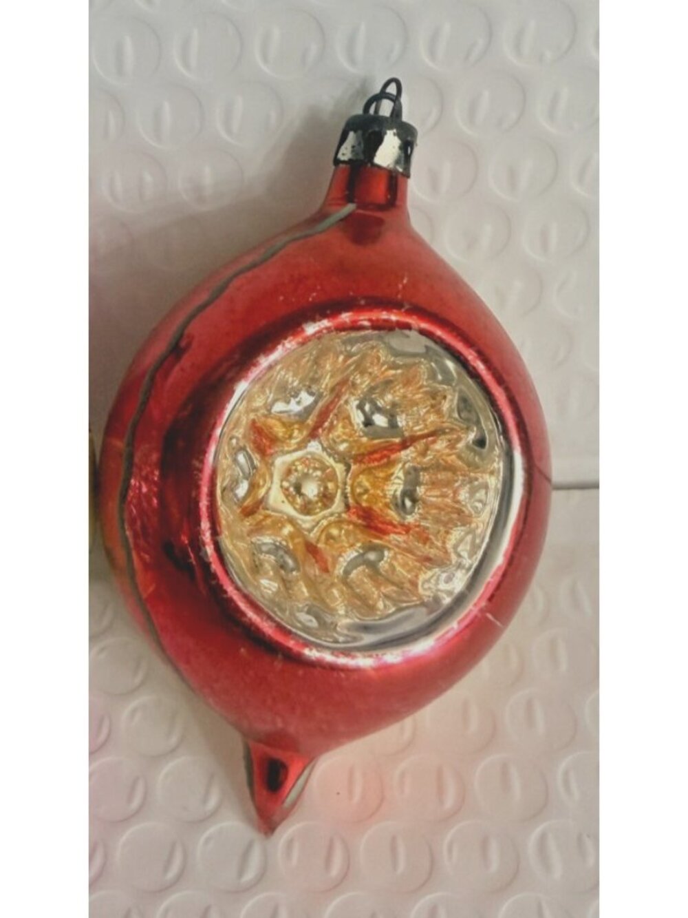 VTG Mercury Glass Ornament Teardrop Indent Poland Reflector red & Gold 4" - Picture 2 of 7
